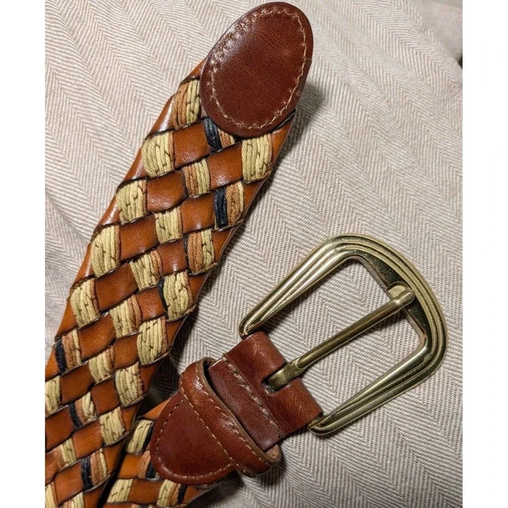 Torino Leather Co. Italian Leather Woven Cord Belt Brass MCM Buckle Mens 32